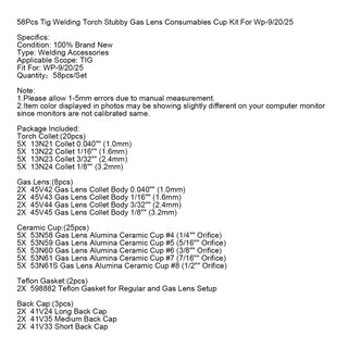 58Pcs Tig Welding Torch Stubby Gas Lens Consumables Cup Kit For Wp-9/20/25