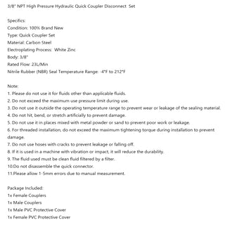 1Set NPT 3/8" 10 000 PSI High Pressure Hydraulic Quick Coupler Couplings Set