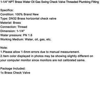 1-1/4" Brass Swing Check Valve NPT Threaded Plumbing Fitting