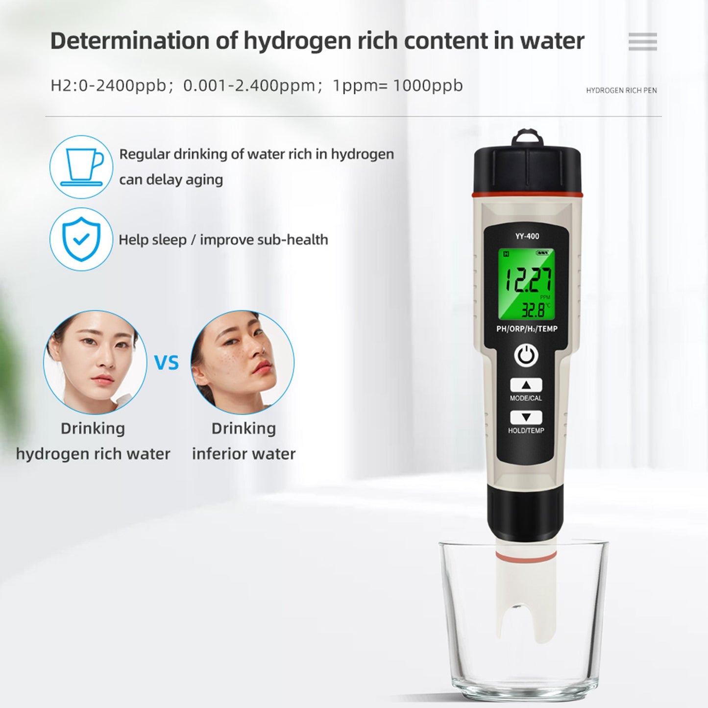 Portable 4 In 1 Hydrogen-Rich Test Pen PH/ORP/TEMP Water Quality Meter Tester