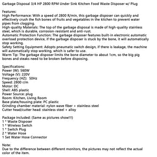 Garbage Disposal 3/4 HP 2800 RPM Under Sink Kitchen Food Waste Disposer w/ Plug