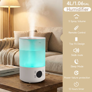 Humidifiers for Bedroom  Auto Shut-Off  Quiet Ultrasonic Humidifier with 360° Nozzle and Colorful Gradient Light  4L Cool Mist Humidifier for Home Plant and Baby Nursery