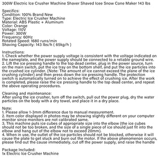 300W Electric Ice Crusher Shaver – 143lbs/Hour Snow Cone Maker