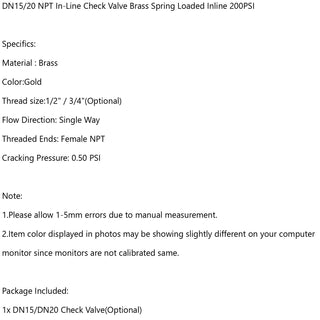 DN15/DN20 NPT In-Line Check Valve Brass Spring Loaded Inline 200PSI