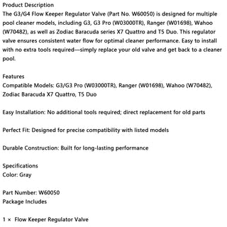 W60050 Automatic Pool Cleaner Flowkeeper Regulator Valve W03000TR W01698 W70482