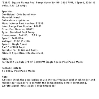 B2852 Square Single Speed Pool Pump Motor 3/4 HP 3450RPM