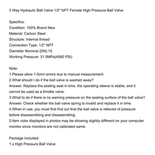 Hydraulic Valve KHB Ball Valve 1/2"NPT KHB High Pressure Ball Valve