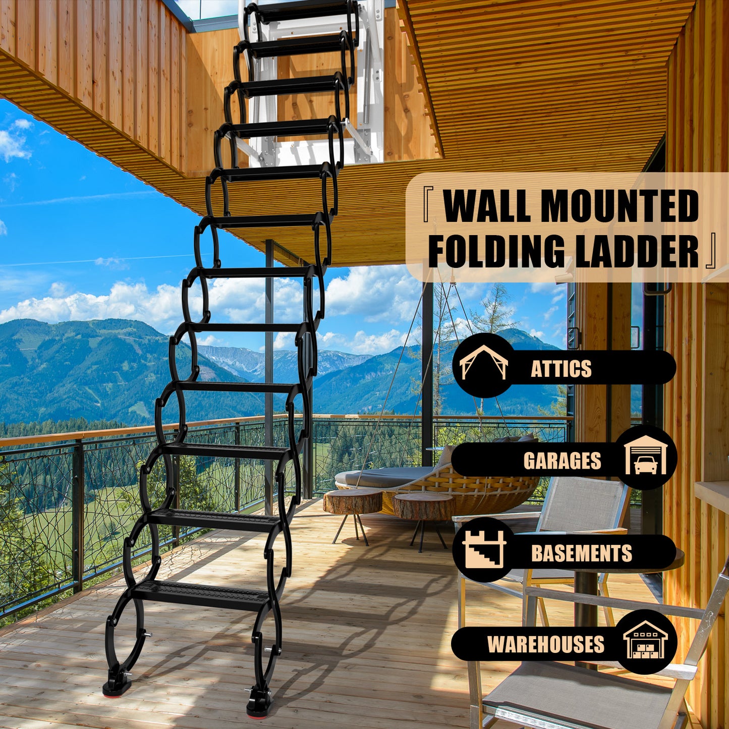 Wall Mounted Folding Ladder Black Loft Attic Stairs Pull down 12 Steps