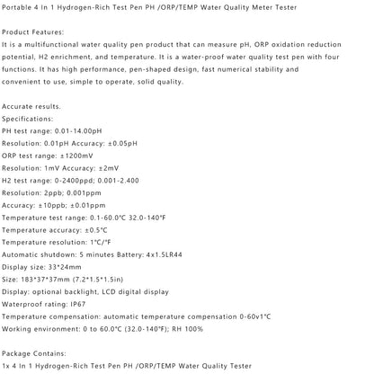 Portable 4 In 1 Hydrogen-Rich Test Pen PH/ORP/TEMP Water Quality Meter Tester