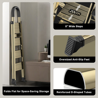 330lb Capacity Portable Folding Step Stool with Anti-Slip Sturdy and Wide Pedal Gold Multi-Use Aluminum Stepladder for Home Kitchen Office 4 Step Ladder