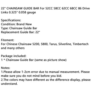 22" CHAINSAW GUIDE BAR 0.325" 0.058G For 52CC 58CC CHAINSAW 5200 5800
