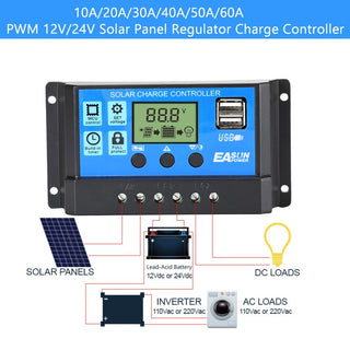 PWM Charge Dual USB Controller Solar Panel Battery Regulator LCD 60A 12V/24V