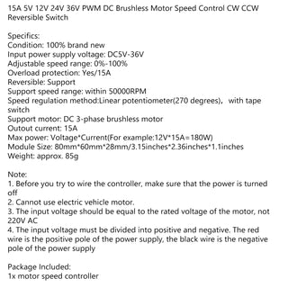 DC 5V-36V 15A PWM DC Brushless Motor Speed Control CW CCW Reversible Switch