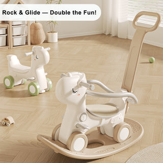 Push Rod 80 lbs Weight Capacity with Sound Brown Guardrails & 4 Smooth Wheels HDPE Material 4-in-1 Baby Rocking Horse for Toddlers 1-3 Years – Ride-On Toy with Detachable Balance Board