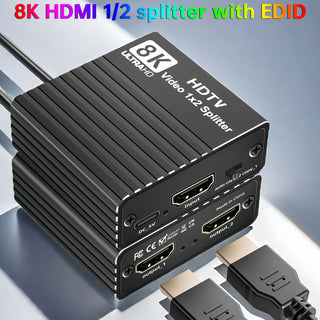 8K HDMI 1 to 2 Splitter HD2.1 8K60hz/4K120/1080P240hz EDID Mirroring Two Screens