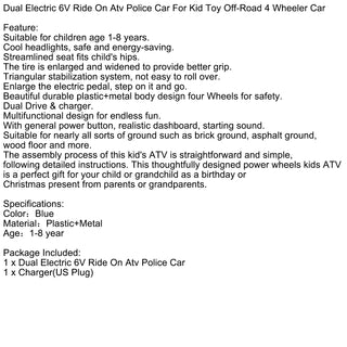 Dual Electric 6V Ride On Atv Police Car For Kid Toy Off-Road 4 Wheeler Car