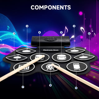 Hand Roll Drum Set 9-Pad Drum Built-in Stereo Speakers Foot Pedal Birthday Gift