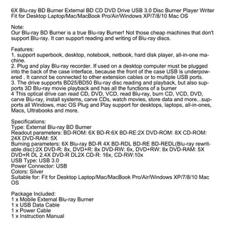 6X Burner External BD-R BD DVD CD RW Disc Writer Laptop Movie Player