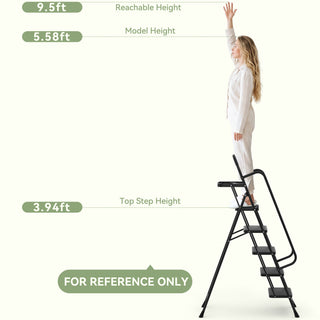 330 lbs Capacity Heavy Duty Steel Step Stool Folding Portable Safety Ladder for Home Kitchen Office 26" x 38" Wide Non-Slip Pedal Black 5-Step Ladder with Handrail & Tool Tray