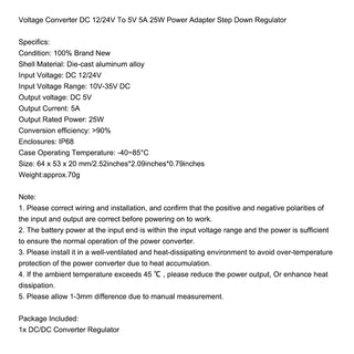 DC 12V/24V To 5V 5A 25W Converter Regulator Power Supplies Transformer