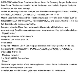 DG62-00067A Gas Stove Countertop Burner Cover for Samsung Ranges Replacement