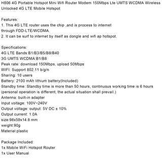 H806 4G LTE UMTS WCDMA Hotspot Wireless Router WiFi Mobile Broadband Modem