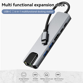 6 in 1 TYPE-C to HDMI+USB3.0+2.0+RJ45 100M+PD+Data Interface Hub for MacBook