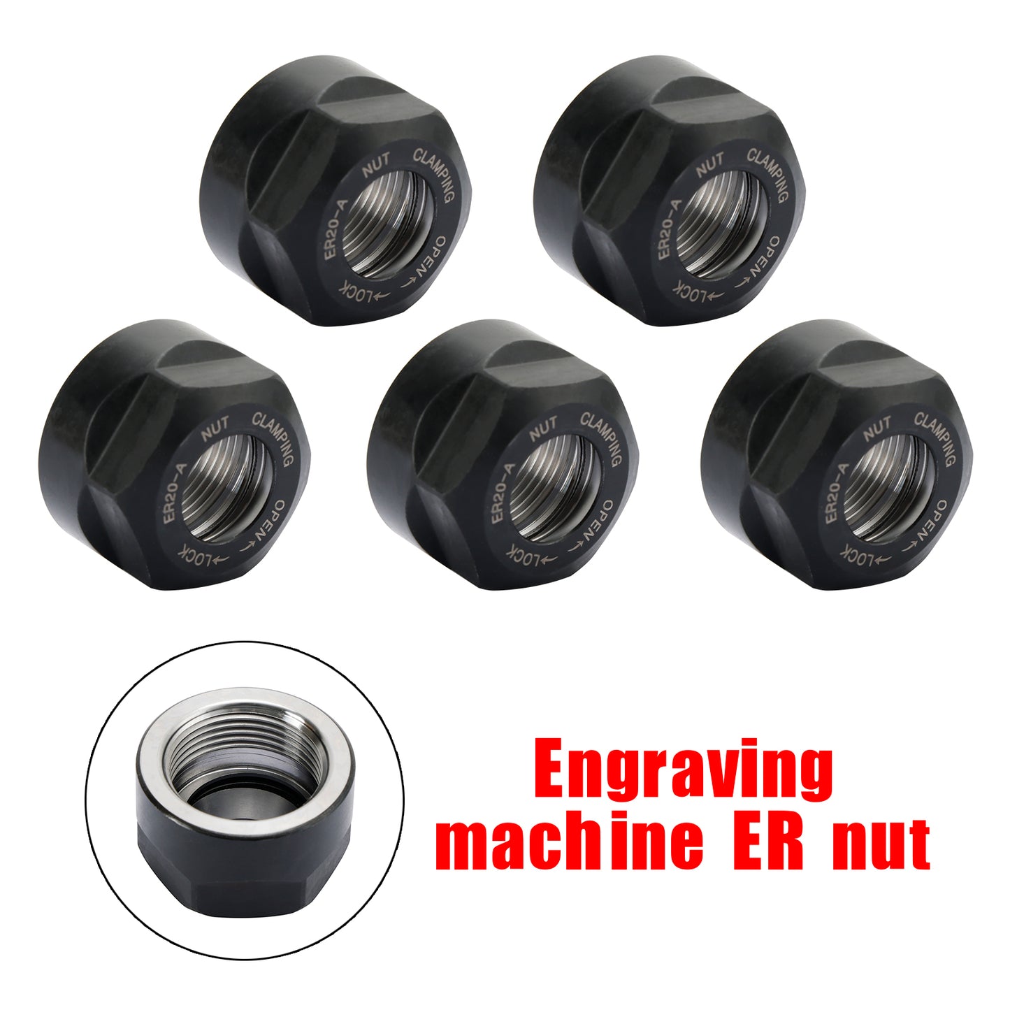 5Pcs ER20-A Type Collet Clamping Nut For ER CNC Milling Chuck Holder Lathe Black