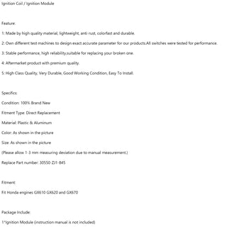 Ignition Coil Fit Honda GX610 GX620 GX670 30550-ZJ1-845 With Electric Start