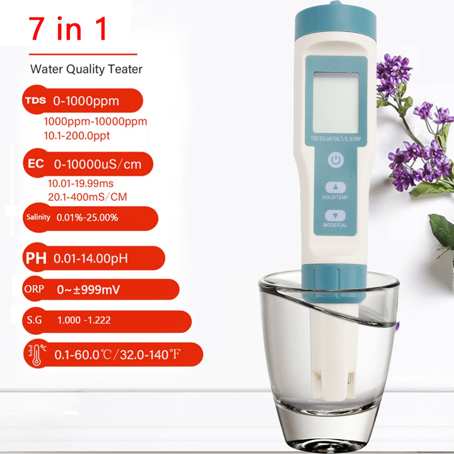 7 In 1 Digital Salinity PH TDS TEMP SG EC ORP Tester Water Quality Monitor Meter