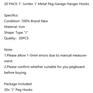 20 PACK 1" Jumbo 'J' Metal Peg Garage Hanger Hooks 1/8 to 1/4 Inch Pegboard