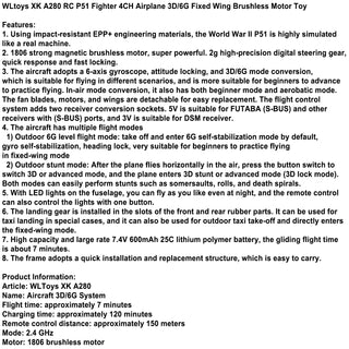 XK A280 RC Airplane P51 Fighter 4CH 3D/6G Fixed Wing Brushless Motor