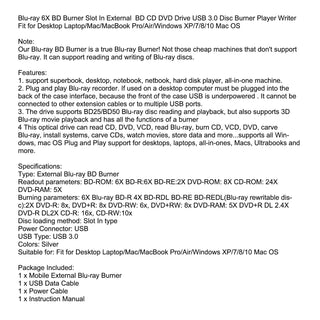 Genuine Burner External USB 3.0 Player DVD CD BD Recorder Cable Drive