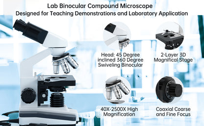 Advanced Binocular Microscope with 6 Magnification Settings – 40X-2500X, Widefield Eyepieces, and LED Lighting