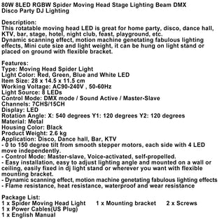 80W 8LED RGBW Spider Moving Head Stage Lighting Beam DMX Disco Party DJ Lighting