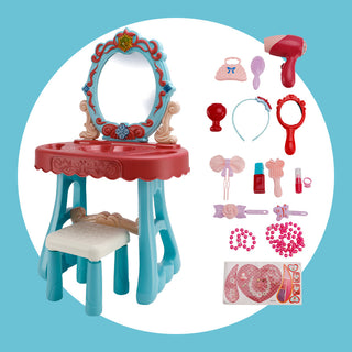 Toddler Makeup Table with Mirror and Chair Kids Vanity Set with Blowdryer for 3+