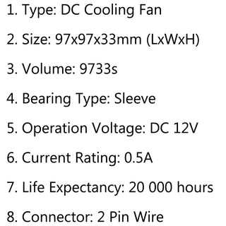 1Pcs DC Brushless Cooling PC Computer Fan 12V 9733s 97x97x33mm 0.5A 2 Pin Wire