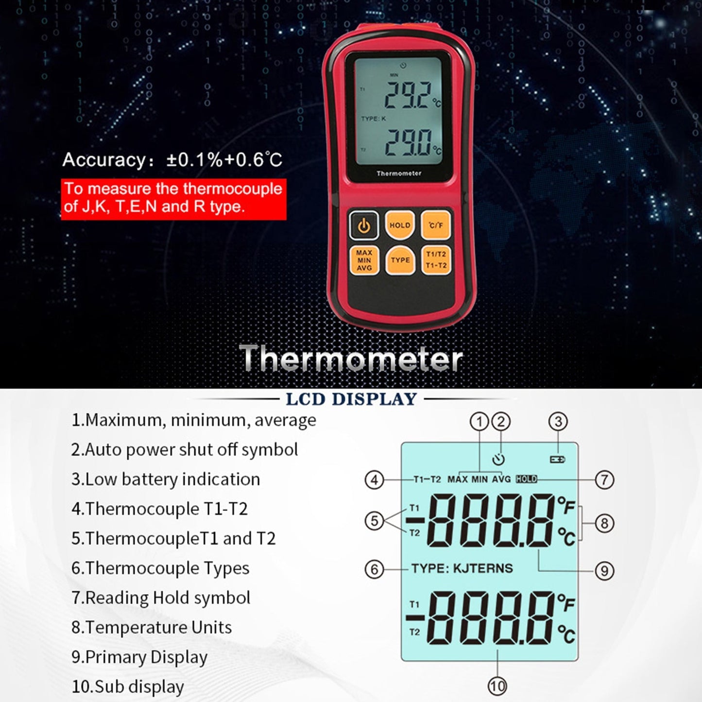 Digital Dual Channel Thermometer With 2 K-Type Thermocouple Sensor Tester Generic