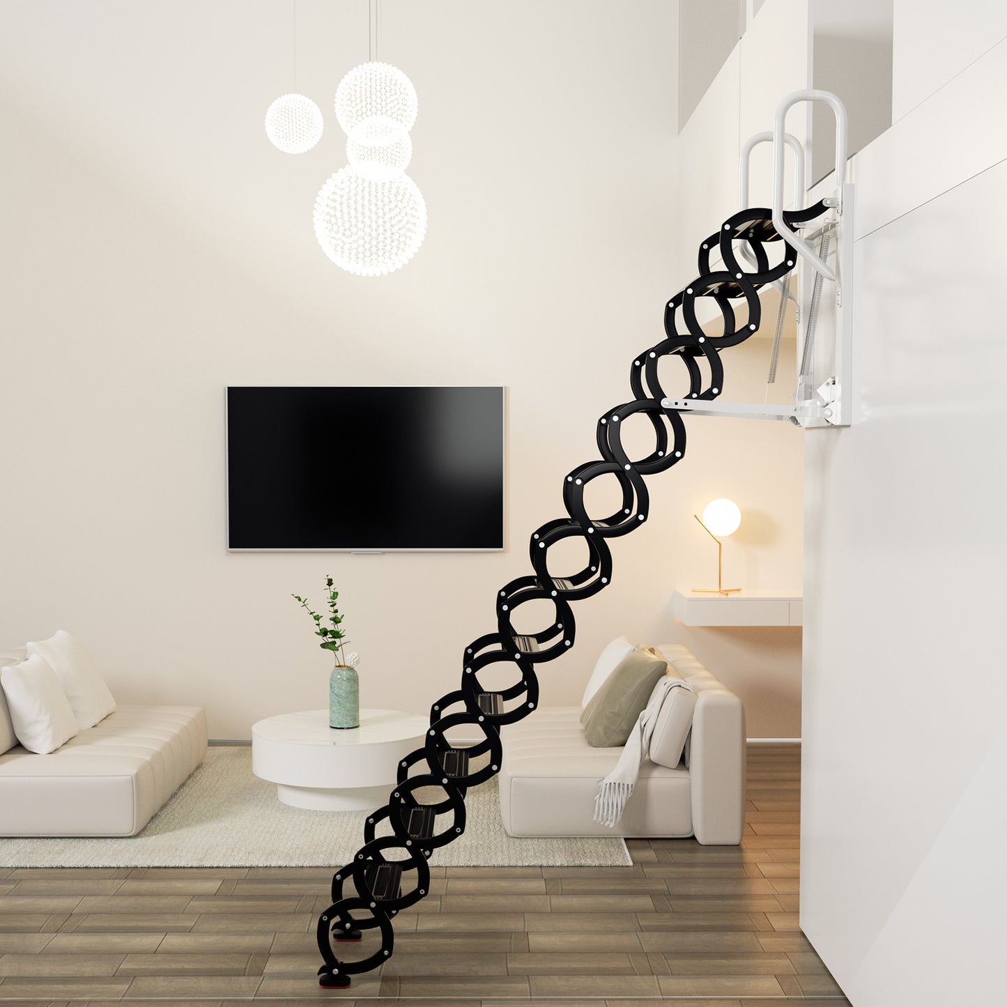 12 Steps Wall Mounted Folding Ladder, Black Loft Attic Stairs,Pull Down Wall Mounted attic Folding Staircase