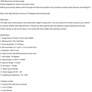 170° Reverse Backup CDD Car Rear View CMOS Parking Camera Night White