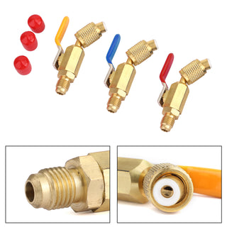 3Pc Color Coded Shut Valves AC HVAC Refrigeration Charging Hoses 1/4" Thread