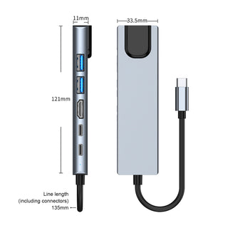 6 in 1 TYPE-C to HDMI+USB3.0+2.0+RJ45 100M+PD+Data Interface Hub for MacBook