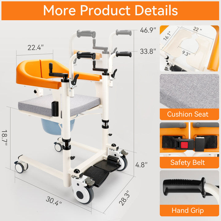 Patient Chair For Home Transferred Lift Wheelchair w/180° Split Seat and Bedpan 440 lb